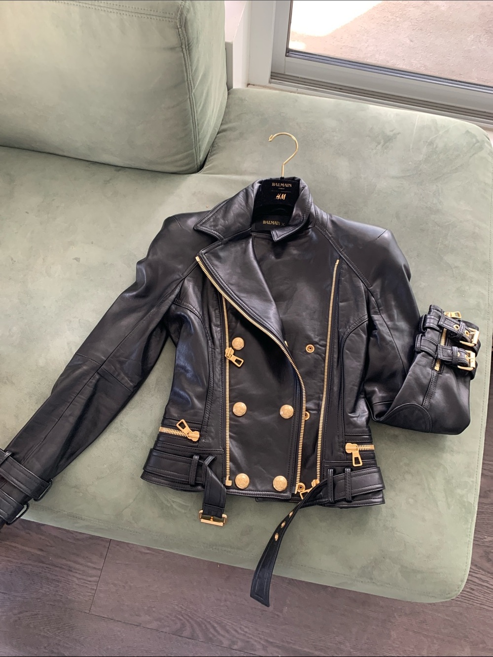 Balmain Black Leather Double-Breasted Jacket with Gold Hardware
